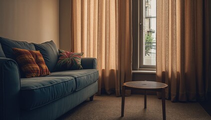 Sofa, table, and curtains in living area, enhancing relaxation and comfort