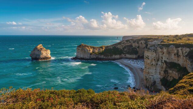 Nature reserve cliffs by the water under a clear sky, highlighting erosion risk