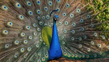 Obraz premium A male peacock displaying its vibrant tail feathers while courting, a display of natural attraction