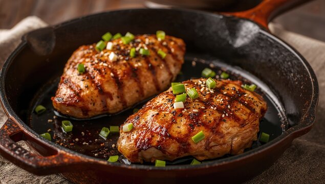 Stuffed grilled chicken breasts in a cast iron skillet, protein-rich meal - Powered by Adobe