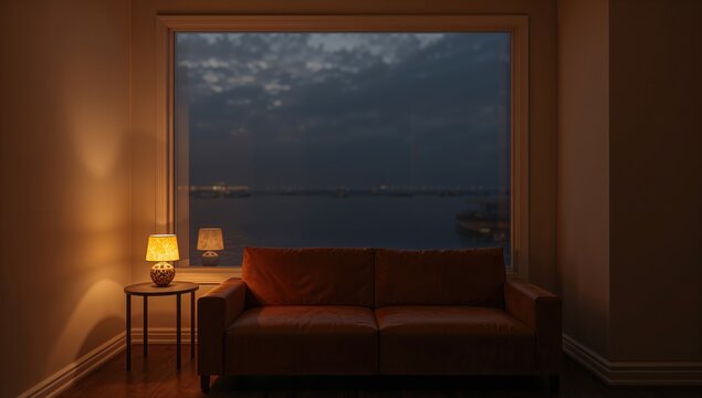 Interior of a living area featuring a lit lamp and couch, promoting relaxation and comfort