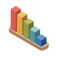 Fototapeta premium A 3D isometric bar chart showing a downward trend with five colorful bars on a wooden base, representing data visualization and statistical decline.