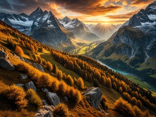 Golden Autumn in the Alps: Majestic Mountain Landscape at Sunset with Vibrant Fall Foliage and a Serene River Valley