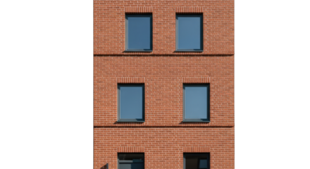 Red brick building facade with multiple windows on a sunny day with clear blue sky and white horizontal lines patterns between bricks for architectural exterior detail