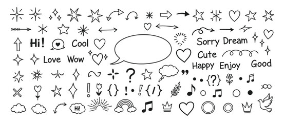 Collection of hand drawn doodle elements including arrows hearts stars speech bubbles and musical notes