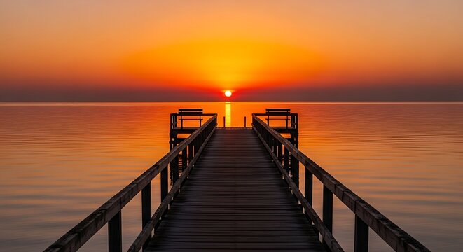 Wooden pier extending into calm ocean waters at vibrant sunset with golden sun on horizon - Powered by Adobe