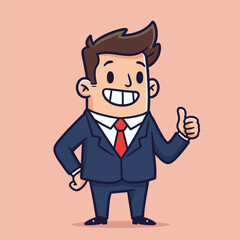 Obraz premium Smiling cartoon businessman in a blue suit giving a enthusiastic thumbs-up gesture.