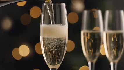 Elegant champagne pouring into crystal flutes against a backdrop of shimmering golden bokeh lights, perfect for celebrating New Year's Eve, milestone anniversaries, or joyful gatherings - Powered by Adobe