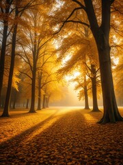 Golden Autumn Path: Sunlit Trees and Fallen Leaves in a Forest - Serene Fall Landscape for Backgrounds and Seasonal Themes