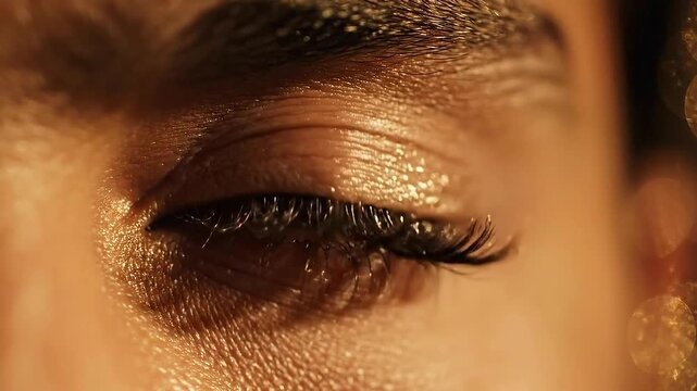 Close up extreme macro shot of closed eye covered in shimmering gold glitter and sparkling eye shadow in warm golden hour lighting