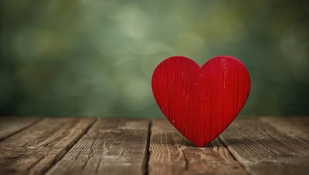 Red heart on a wooden surface with a green backdrop, vintage texture, romantic theme