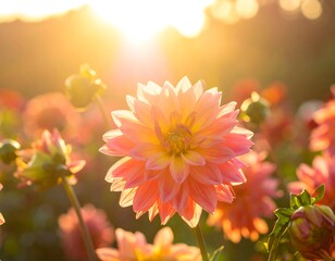 Close-up of a vibrant dahlia blossom with golden sun rays