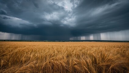 Storm clouds and heavy summer rain moving over a wheat field, erosion risk