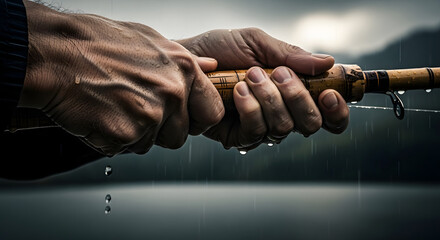 Focused fisherman gripping rod in the rain with determination, showcasing resilience, patience, and the quiet beauty of nature's challenges in outdoor pursuits