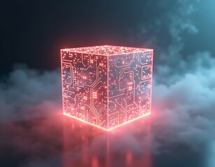 Glowing digital data cube with circuit board elements in smoke.