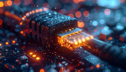 Digital Connection: A vibrant close-up captures the intricate details of a technology cable, with glowing circuits and blurred bokeh lights, representing the future of high-speed connectivity.