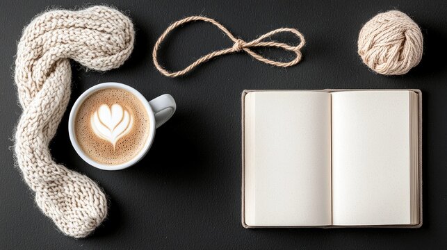 A flat lay composition featuring a mug of coffee with latte art, a knitted scarf, a ball of twine, and an open notebook on a dark surface.