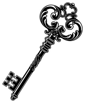 A black and white silhouette of an ornate skeleton key, black, illustration, key, lock, swirl, against transparent background