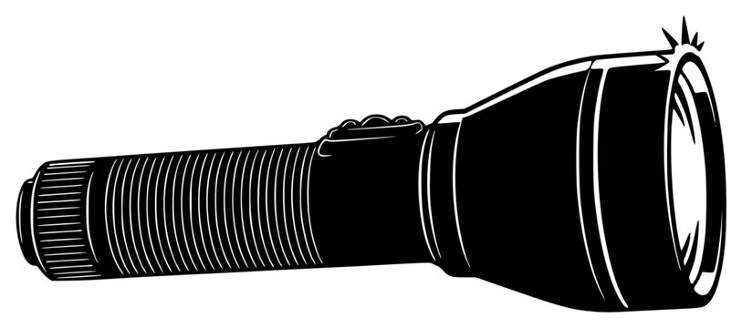 Fototapeta A black and white illustration of a flashlight, black, camera, camera lens, illustration, lens, torch, zoom lens, against transparent background