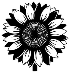 A black and white illustration of a sunflower, black, flower, illustration, petal, profile, sunflower, white, against transparent background