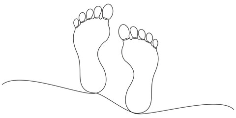 Continuous one line art drawing of human footprint vector, One continuous line drawing of bare foot and footprint. Elegance female feet in simple linear style. Concept of Wellness massage and care.