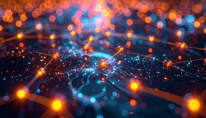 Digital Web: intricate network of glowing nodes and connection, showcasing the complexity of interconnected digital world. The image showcases the fusion of art and science.