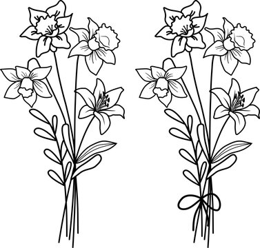 March Birth Month Flower Bouquet SVG, Daffodil and jonquil, Ribbon Bow Coquette Outline Line Art,  Laser Engraving Cut Files Silhouette Cricut, Birthday Gifts, Flower Arrangement