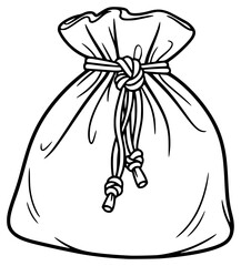 A black and white drawing of a drawstring bag, bag, drawing, illustration, knot, money, sack, string, against transparent background