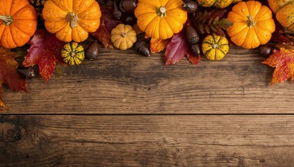 Thanksgiving season display featuring vibrant small pumpkins, acorns, autumn foliage on weathered wooden surface