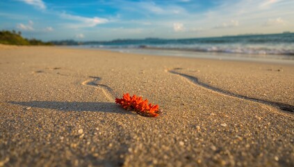 Small coral nestled in sandy shore, natural texture for beach-themed design