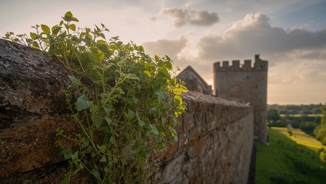 Creeping vegetation on a stone defensive wall of a historic castle, highlighting erosion risk