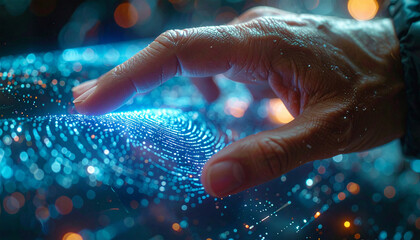 Interacting with Innovation: A hand gently touches a holographic interface, evoking the fusion of human ingenuity and futuristic technology.