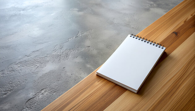 Top view of a blank spiral notebook mockup placed on a warm wooden table against a modern gray concrete background, perfect for showcasing notes, sketches, or designs - Powered by Adobe