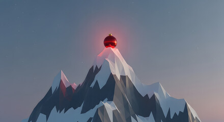 Radiant red ornament crowns snow-capped mountain peak under starry twilight sky, a symbol of festive achievement and winter wonder