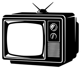 A black and white illustration of an old fashioned television set, antenna, black, home appliance, icon, illustration, profile, retro, television, against transparent background