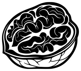Fototapeta premium A black and white illustration of a piece of food with a stylized brain inside, black, food, illustration, nut, pastry, pie, white, against transparent background