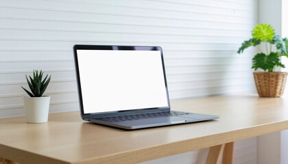 A minimalist workspace featuring a laptop computer with a blank white screen for mockup purposes, sitting on a light wood desk next to green potted plants in a modern office