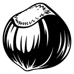 A black and white illustration of a hazelnut, acorn, black, capsule, cork, drawing, eraser, illustration, nut, white, against transparent background