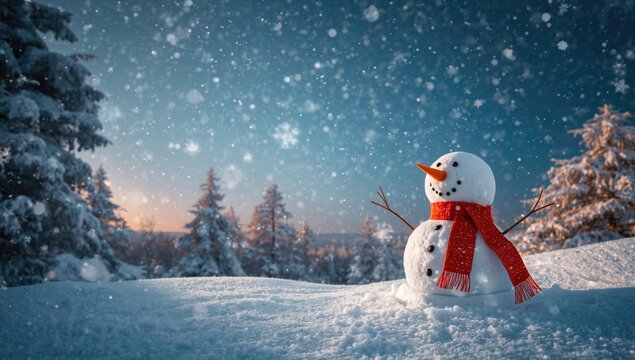 Snowman surrounded by stars and snowflakes, winter wonderland theme - Powered by Adobe