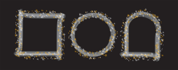 Three ornate vintage picture frames with sparkling glitter and bokeh effects on a black background