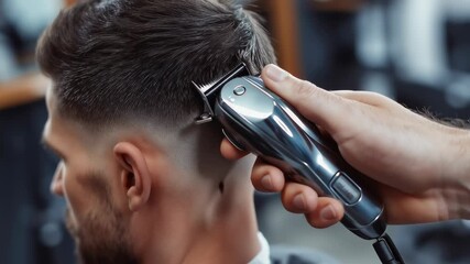 Barber using electric clipper to trim a man’s hair, creating a clean modern haircut with precision and professional skill in a barbershop