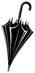 A black and white silhouette of an open umbrella with a curved handle, black, icon, illustration, open, profile, umbrella, white, against transparent background