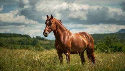 Fototapeta premium Purebred Andalusian horse standing amidst summer blooms under a blue sky, showcasing the beauty of nature's seasonal change