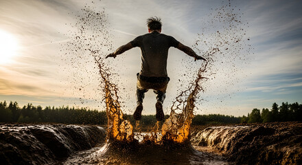 Energetic man leaping through mud obstacle course with determination and splashing water, embodying strength and resilience in outdoor fitness challenge