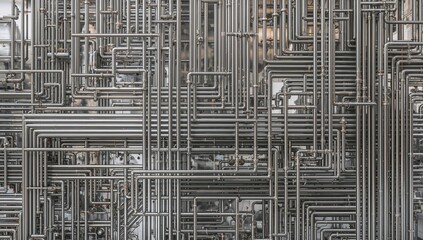 A chemical facility with a detailed arrangement of stainless steel pipes and glass containers, showcasing industrial complexity and efficiency