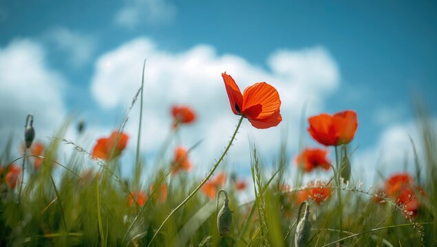 Poppy flowers blooming in a field beneath a blue sky and green grass, seasonal change