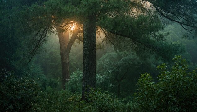 Pine tree surrounded by rain, highlighting the effects of moisture on foliage