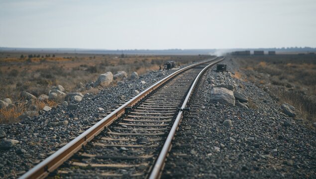 Railroad tracks lined with stones, showcasing erosion risk