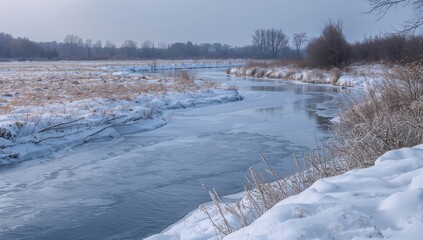 Obraz premium Winter marshland landscape featuring snow-covered terrain, seasonal change