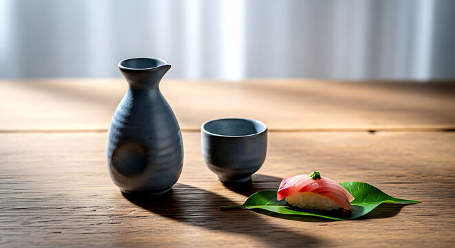 Still life composition, Wabi-sabi aesthetic. a minimalist Japanese ceramic sake set a small carafe (tokkuri), a cup (choko), a single piece of clean sashimi on a leaf 